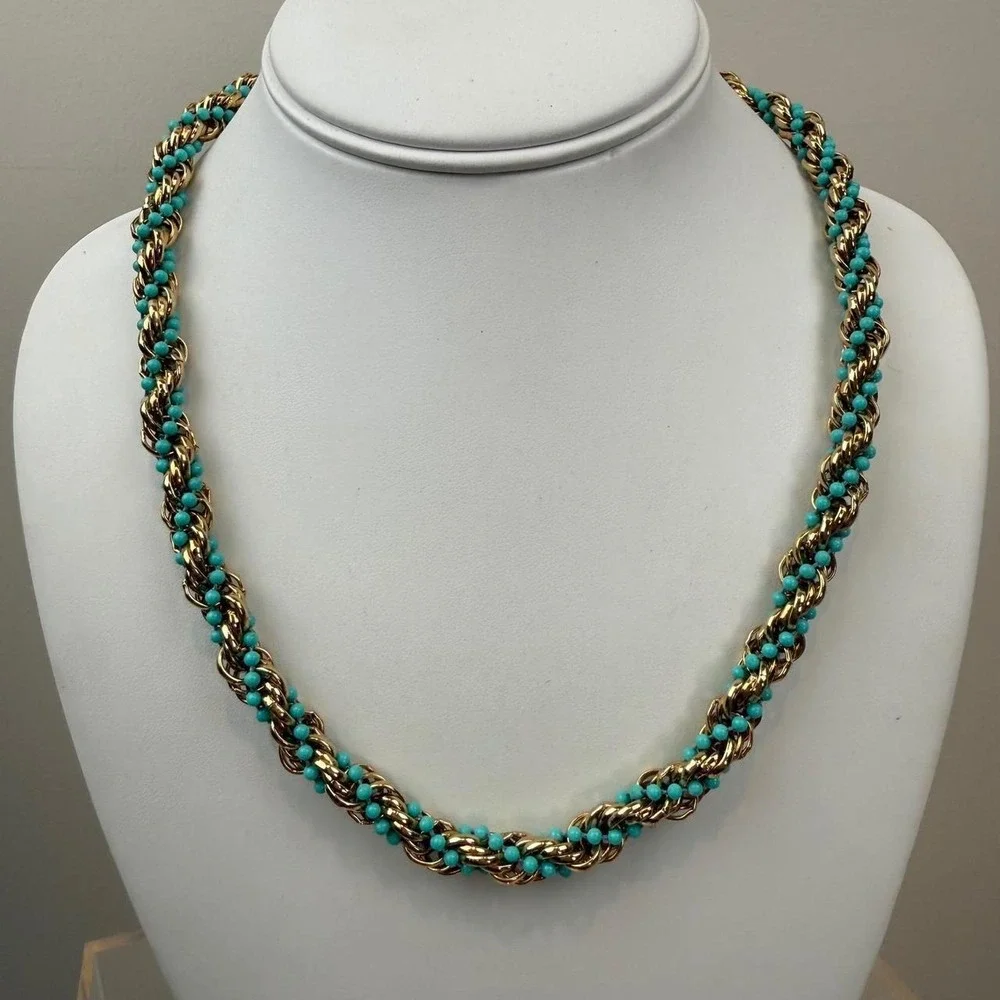 Avon Gold Tone Necklace Turquoise Bead Twisted Rope Statement Retro Design